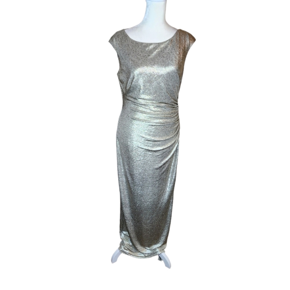 Lauren Ralph Lauren Gold Metallic Ruched Draped Back Side Slit Gown